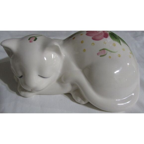 Vintage Lasting Co Products hand painted sleeping kitty cat white pink roses - Picture 1 of 8